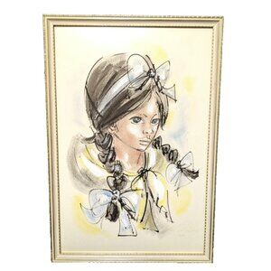 Vtg 60s Elena Castellanos Original Watercolor Portrait Signed and Dated 13.5x20"